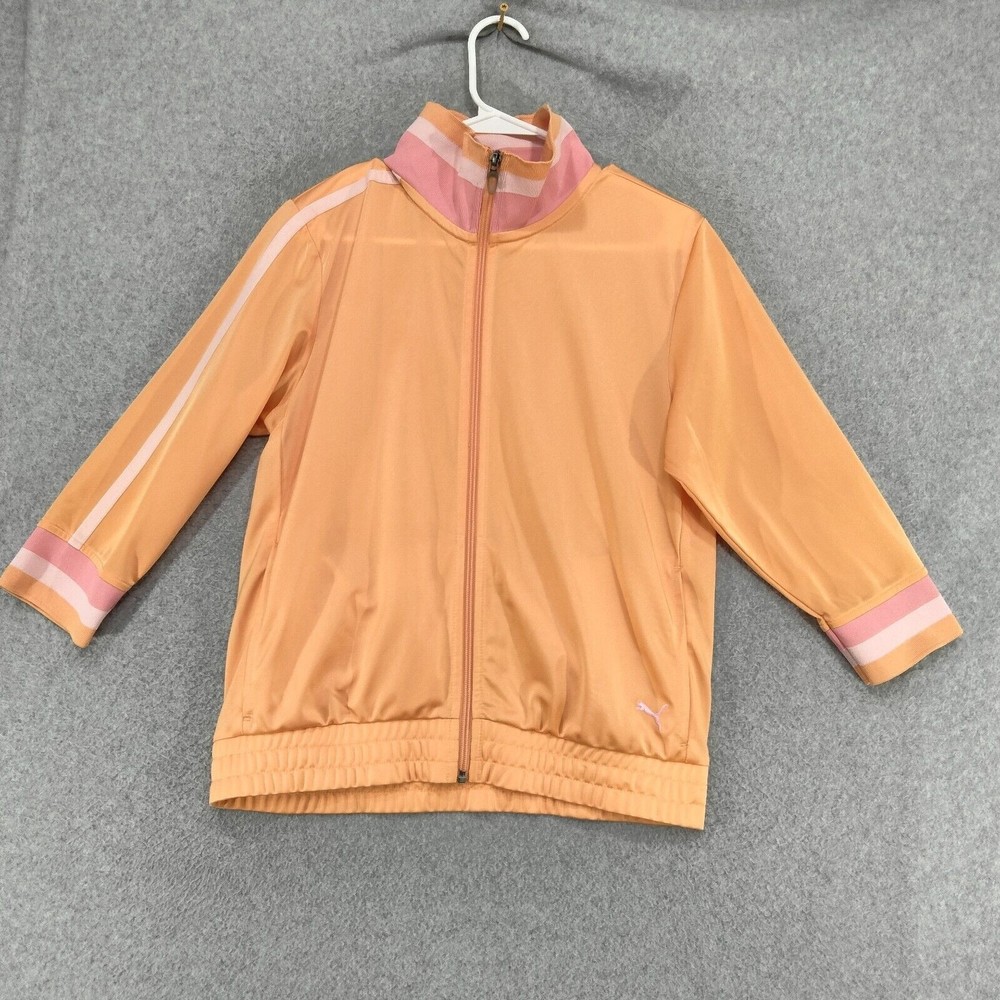 Puma Track Jacket Womens Size L Orange Pink White Short Sleeve Full Zip Logo
